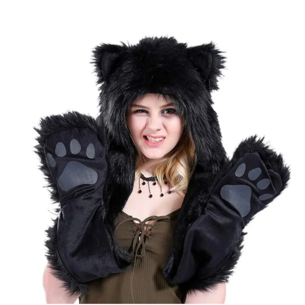 Faux Fur Hat Hood Scarf Full Pockets Ear Flat Cap Hoodie Winter Party Costume